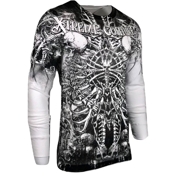 Xtreme Couture by Affliction Men's Thermal Shirt CATACOMBS Skull Biker White - Picture 5 of 7
